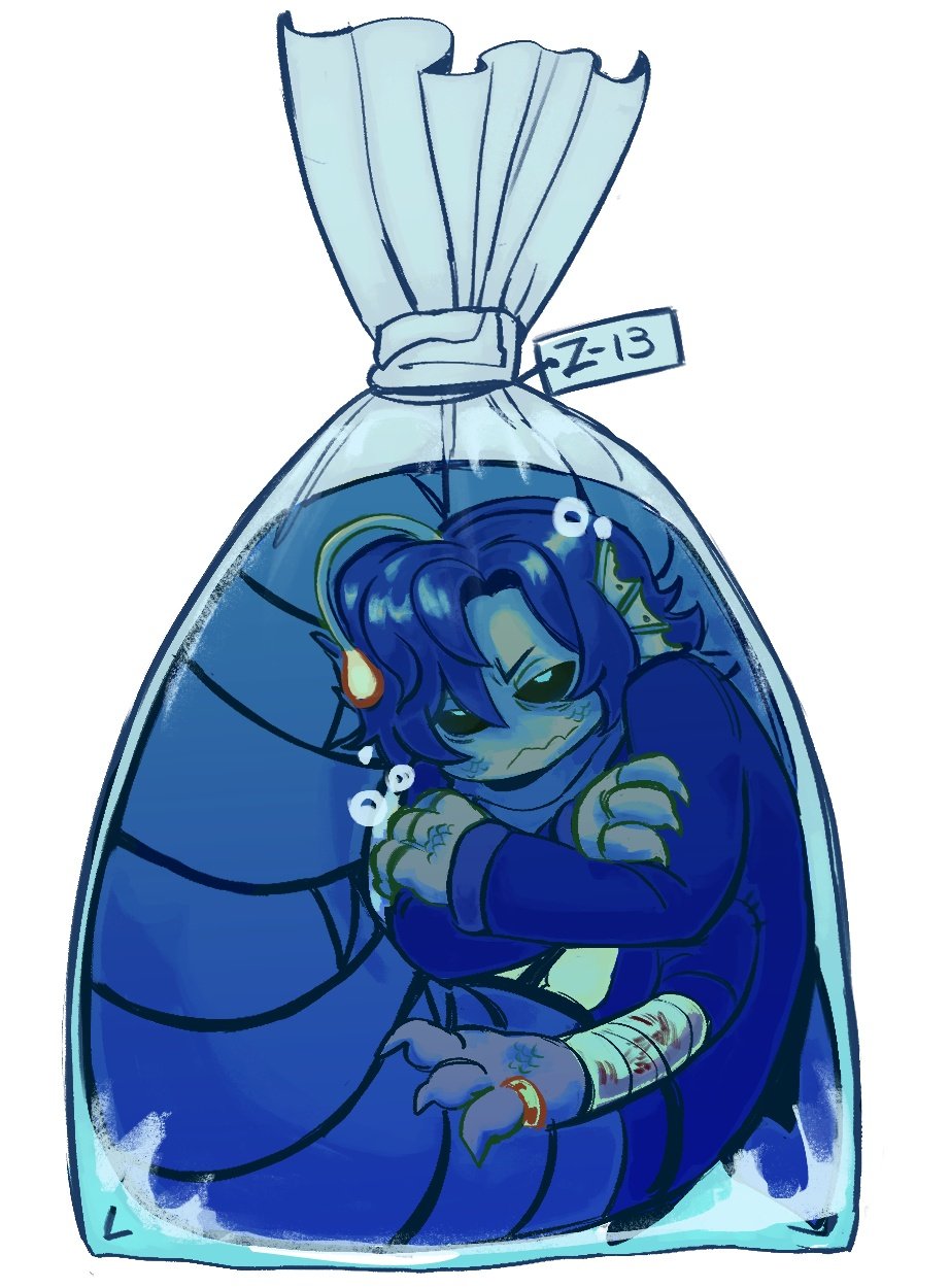 1boy, anglerfish_boy, bag, bagged_fish, crossed_arms, extra_arms, fins, fish