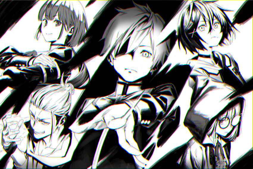 2girls, 3boys, commentary_request, date_ryotaro, glasses, greyscale, grin, hair_over_one_eye