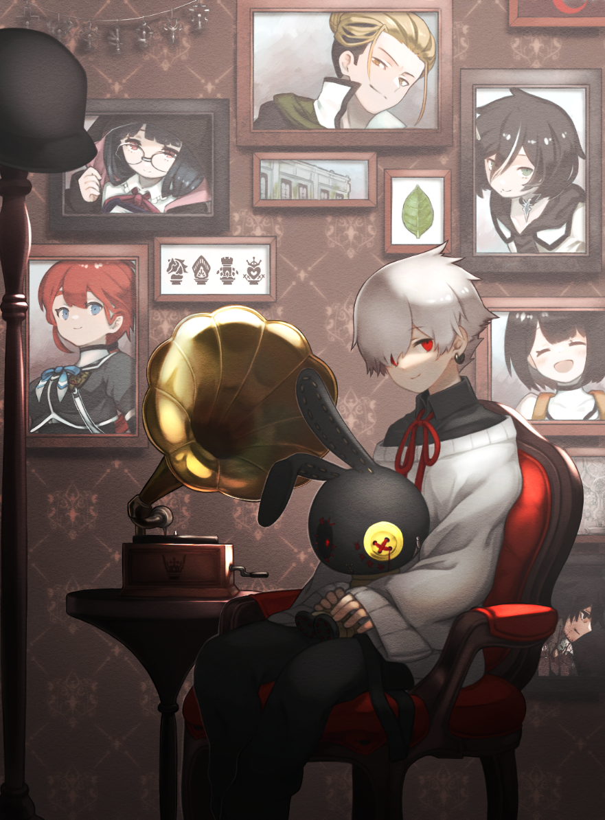 1boy, aikawa_chiyo, armchair, chair, commentary_request, date_ryotaro, hasegawa_kakeru, hinata_nozomi