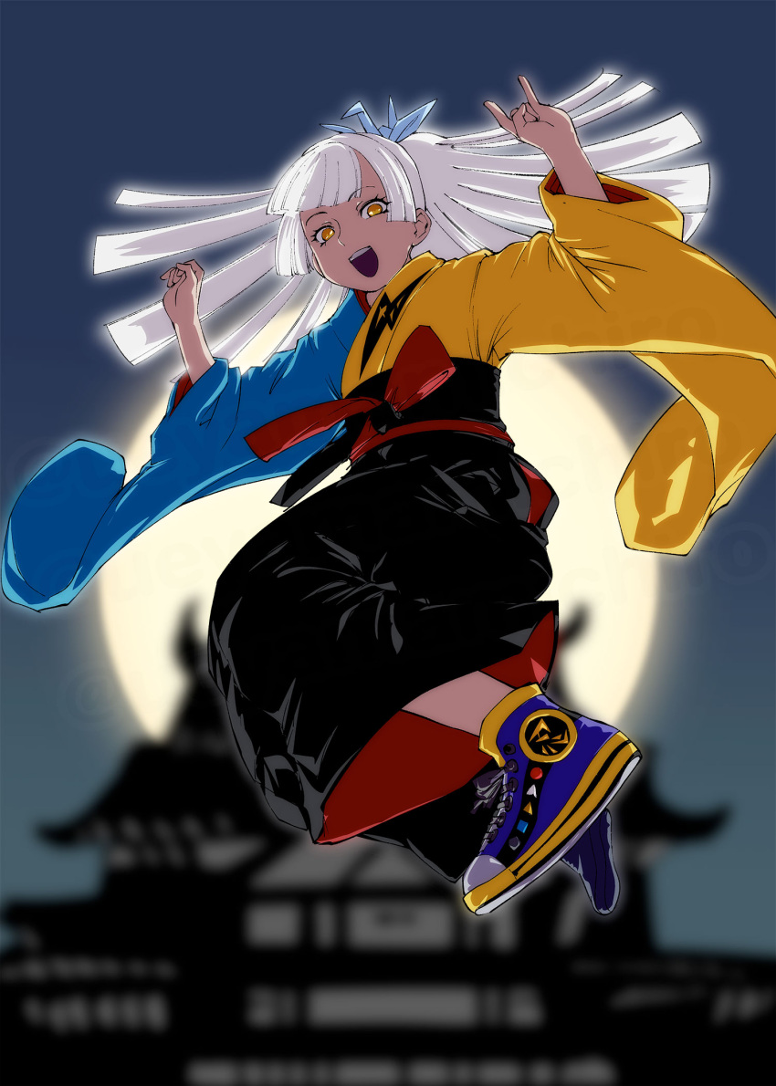 1girl, architecture, black_pants, blue_kimono, blue_shoes, blurry, blurry_background, east_asian_architecture