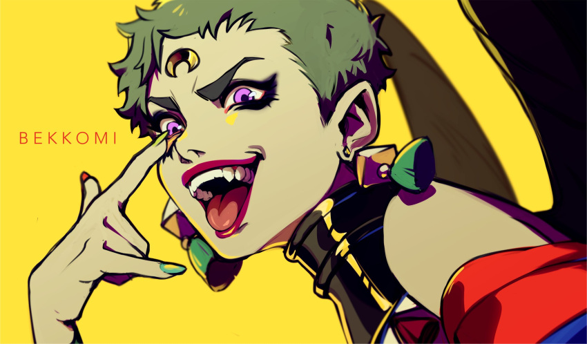 bekkomi, earrings, eris_(hades), fangs, grey_hair, highres, jewelry, makeup