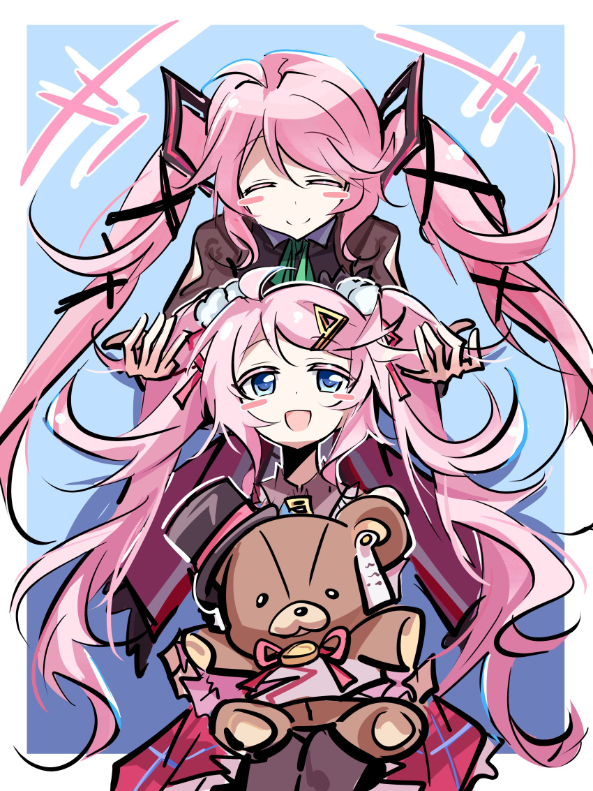 1girl, 25ocoveryui, absurdres, age_comparison, ahoge, blue_eyes, blush, closed_eyes, closed_mouth, eiyuu_densetsu, hair_ornament, hajimari_no_kiseki, hat, highres, holding, holding_stuffed_toy, kuro_no_kiseki_(series), kuro_no_kiseki_ii, long_hair, mini_hat, mini_top_hat, nadia_rayne, open_mouth, pink_hair, red_skirt, skirt, smile, stuffed_animal, stuffed_toy, teddy_bear, top_hat, twintails