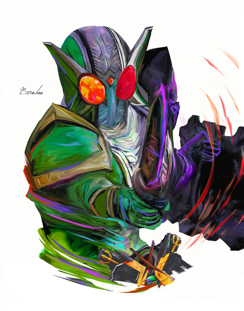 1boy, armor, black_armor, bodysuit, double_driver, green_armor, green_bodysuit, hashtag-only_commentary