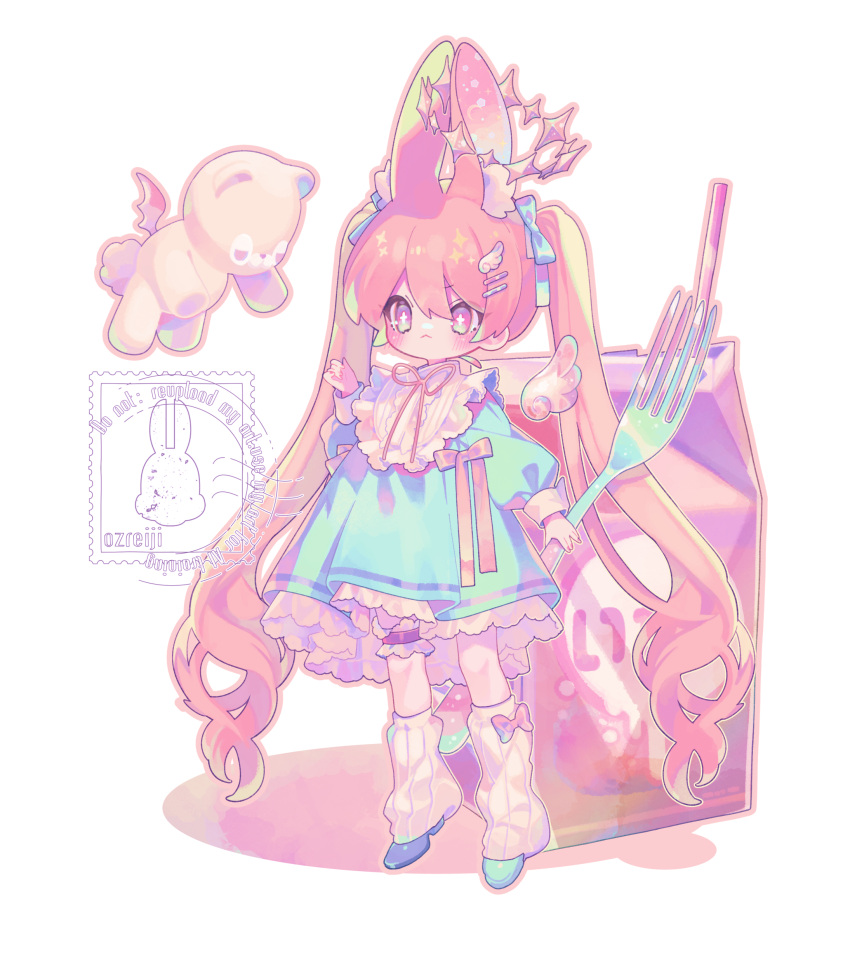 1girl, absurdres, angel_wings, animal_ears, blue_dress, detached_wings, dress, fork