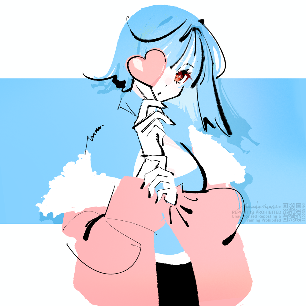 1girl, blue_hair, fur-trimmed_jacket, fur_trim, heart, holding, jacket, long_sleeves