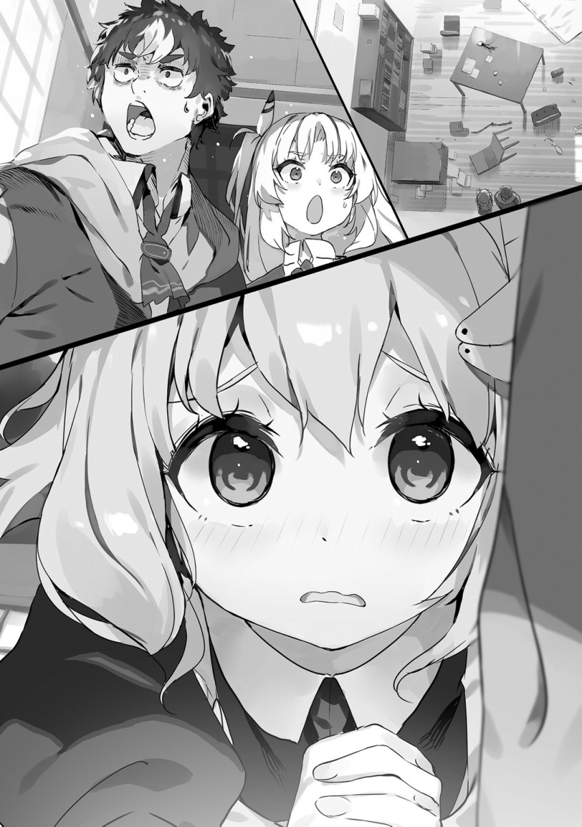 1boy, 2girls, apron, ascot, blurry, blush, bookshelf, bow, bowtie, buta_koushaku, chair, charlotte_lily_hughjack, chestnut_mouth, collared_dress, collared_shirt, constricted_pupils, dress, from_above, furrowed_brow, greyscale, hair_ornament, hair_ribbon, highres, hooded_robe, indoors, juliet_sleeves, long_hair, long_sleeves, looking_at_viewer, maid, maid_apron, maid_headdress, messy_room, mint_(buta_koushaku), monochrome, multiple_girls, multiple_views, nauribon, non-web_source, novel_illustration, official_art, open_mouth, own_hands_clasped, own_hands_together, portrait, puffy_long_sleeves, puffy_sleeves, raised_inner_eyebrows, ribbon, robe, school_uniform, shirt, short_hair, sidelocks, slow_denning, standing, surprised, sweat, table, tareme, teeth, thick_eyebrows, two_side_up, upper_body, v-shaped_eyebrows, very_long_hair, wavy_hair, wide-eyed, wide_shot, window