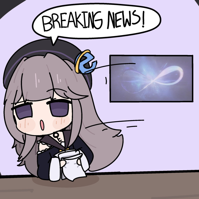 black_hat, blush, breaking_news, english_commentary, english_text, grey_hair, hat, herta_(honkai:_star_rail)