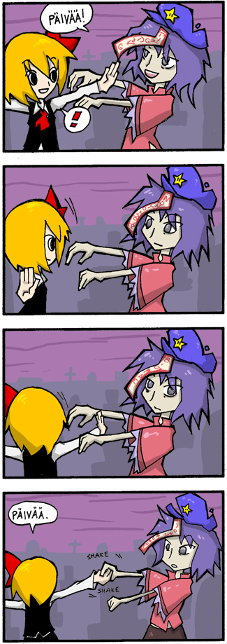 2girls, 4koma, black_eyes, blonde_hair, comic, drawfag, finnish, miyako_yoshika