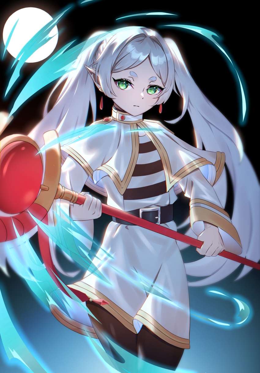 1girl, absurdres, breasts, capelet, commentary_request, dress, earrings, elf, frieren, green_eyes, grey_hair, highres, holding, holding_staff, jewelry, long_hair, looking_at_viewer, parted_bangs, pointy_ears, pontaro2, solo, sousou_no_frieren, staff, twintails, white_capelet, white_hair