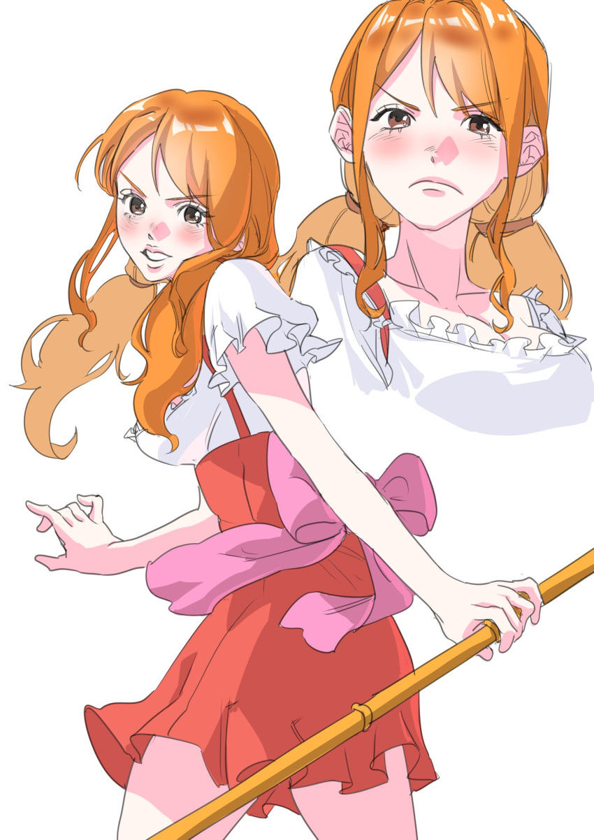 1girl, blush, closed_mouth, commentary_request, dress, dundun998, eyelashes, highres, holding, holding_staff, korean_commentary, multiple_views, nami_(one_piece), one_piece, orange_hair, parted_lips, short_dress, sidelocks, simple_background, staff, tears, twintails, white_background