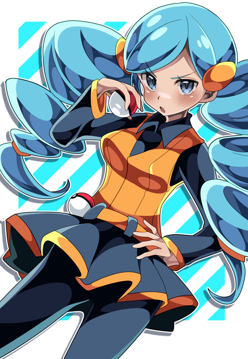 1girl, absurdres, ace_trainer_(female)_(pokemon_bw), ace_trainer_(pokemon), black_shirt, black_skirt, blue_eyes, blush