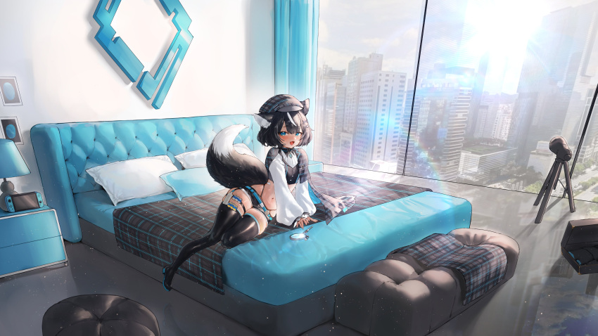 1girl, absurdres, animal_ears, apartment, bed, bedroom, black_hair, blue_eyes, dark-skinned_female, dark_skin, dog_ears, dog_girl, dog_tail, fangsie_fido, hat, highres, long_sleeves, midriff, mila_(milaart12), multicolored_hair, on_bed, open_mouth, panty_straps, short_shorts, shorts, smile, tail, thigh-highs, two-tone_hair, variance_project, virtual_youtuber, white_hair