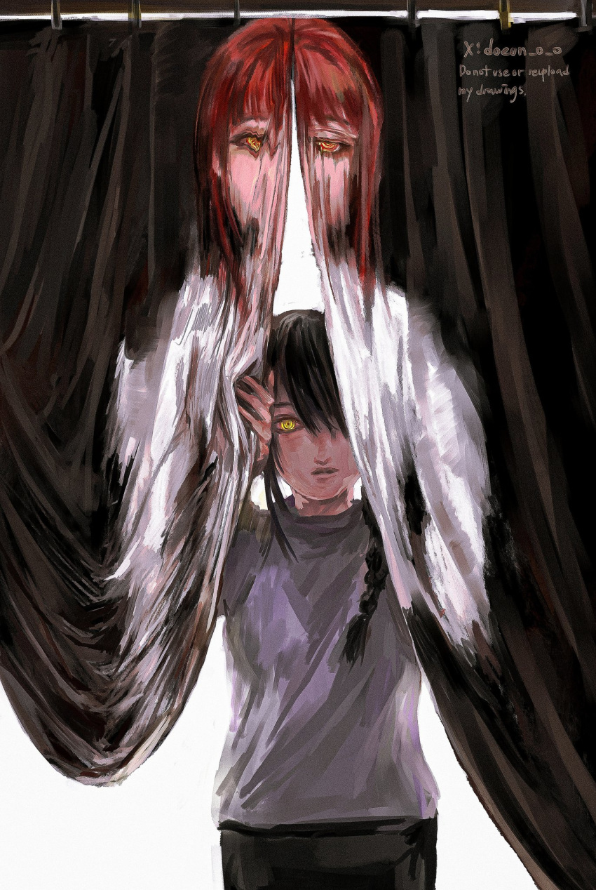 2girls, artist_name, black_hair, black_pants, braid, chainsaw_man, cowboy_shot, curtain_grab