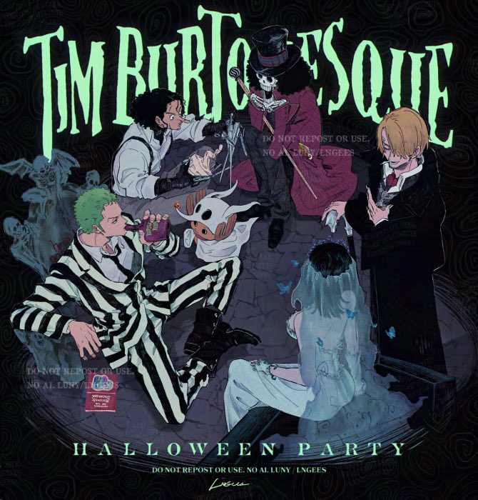 1girl, 5boys, afro, antlers, beetlejuice, betelgeuse_(beetlejuice), betelgeuse_(beetlejuice)_(cosplay), black_boots, black_coat, black_hair, blonde_hair, boots, bottle, brook_(one_piece), cane, coat, cosplay, dress, full_body, green_hair, holding, holding_bottle, holding_cane, horns, lngees, long_nose, multiple_boys, nico_robin, one_piece, purple_coat, reindeer_antlers, roronoa_zoro, sanji_(one_piece), short_hair, sideburns, signature, sitting, skeleton, straw_hat_pirates, tony_tony_chopper, usopp, veil, vertical-striped_suit, white_dress