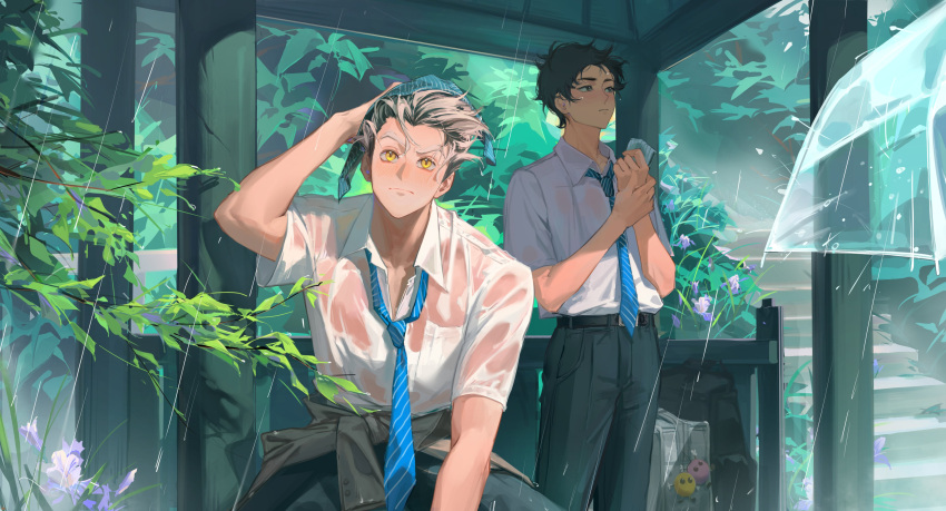 2boys, absurdres, akaashi_keiji, baozaohuang, belt, black_belt, black_eyes, black_hair