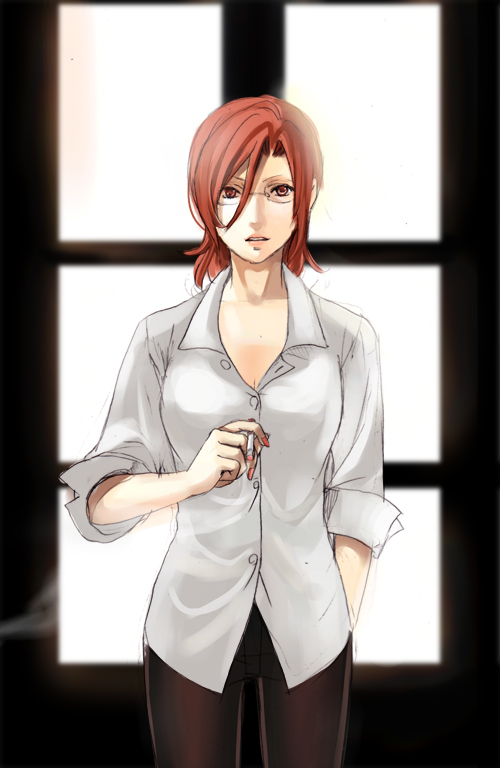 bad_id, cigarette, glasses, kara_no_kyoukai, open_shirt, ponytail, red_eyes, red_hair
