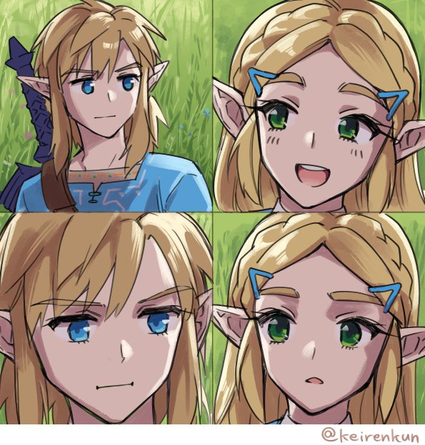 1boy, 1girl, blonde_hair, blue_eyes, blue_tunic, champion's_tunic_(zelda), closed_mouth, for_the_better_right?_(meme)