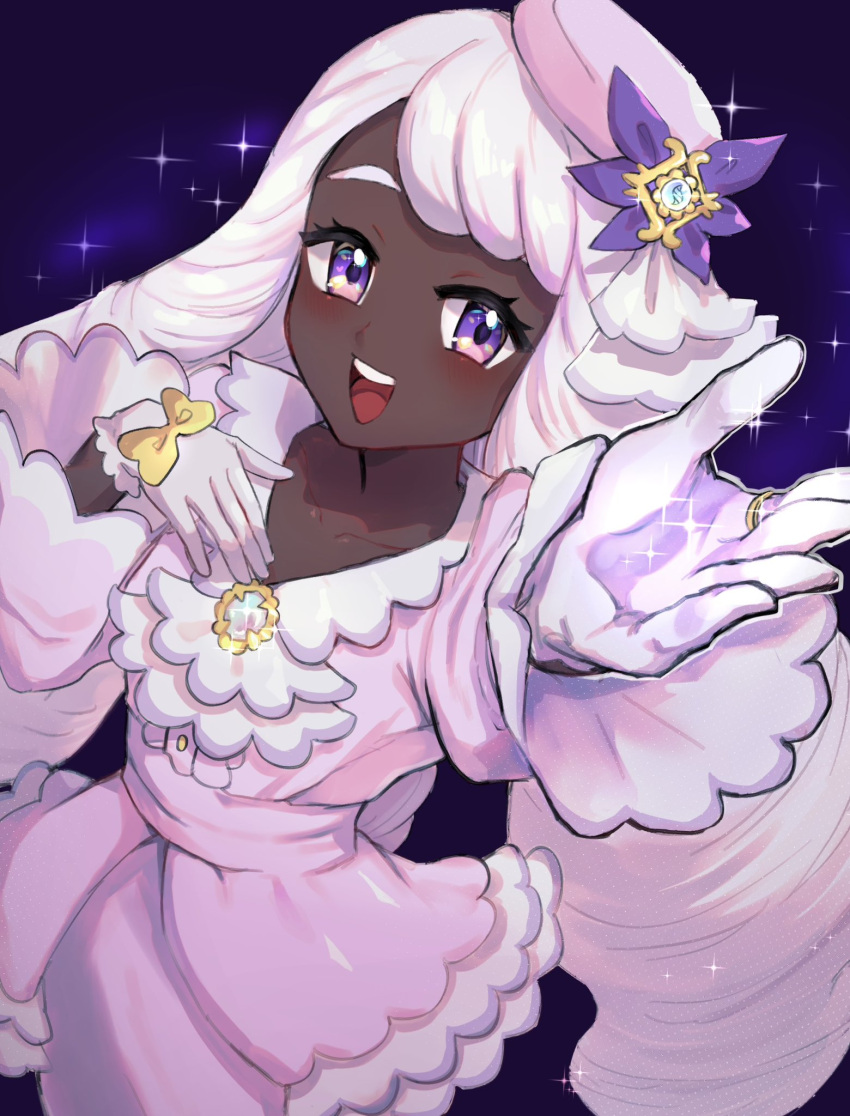 1girl, ascot, dark-skinned_female, dark_skin, dress, fascinator, frilled_ascot, frills