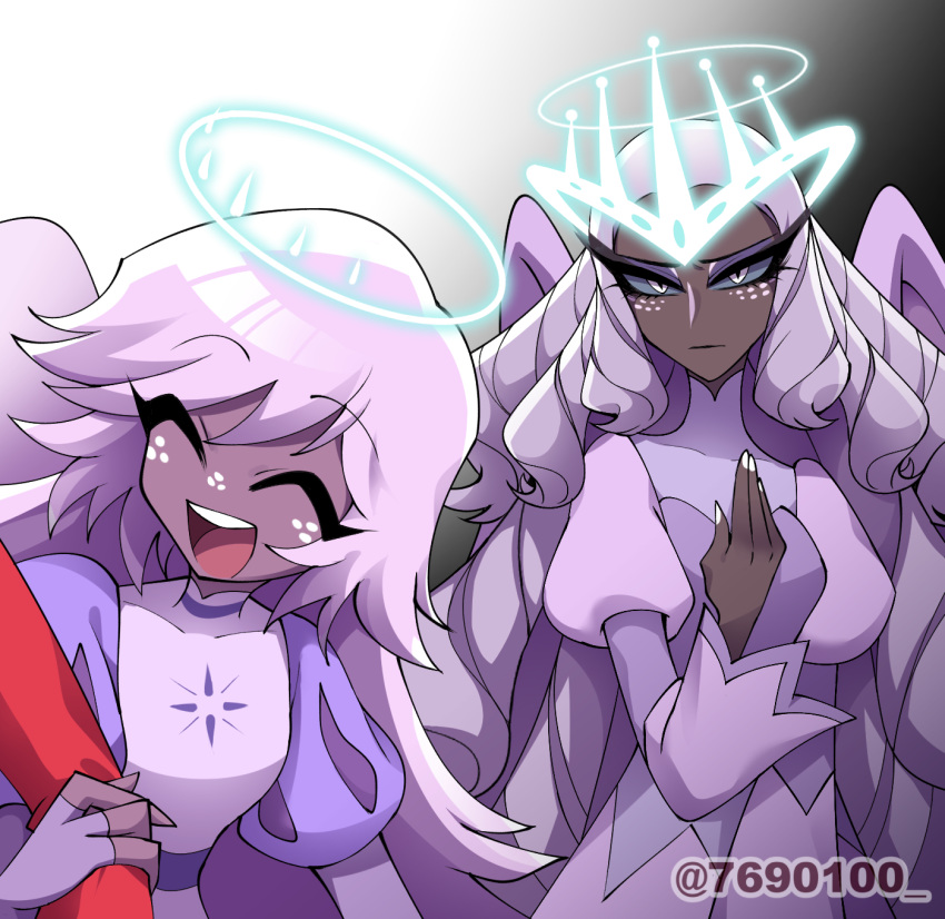 3girls, :d, ^_^, angel, angel_wings, arm_at_side, black_background, breasts