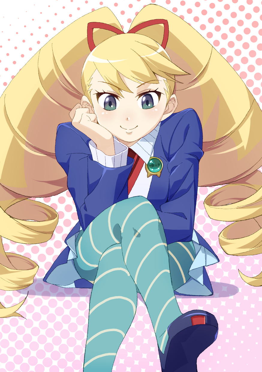1girl, blonde_hair, blue_dress, blue_pantyhose, bow, drdr_ao_midoro, dress, drill_hair