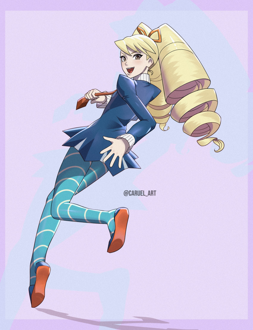 1girl, absurdres, artist_name, blue_dress, blue_pantyhose, bow, caruel_art, dress