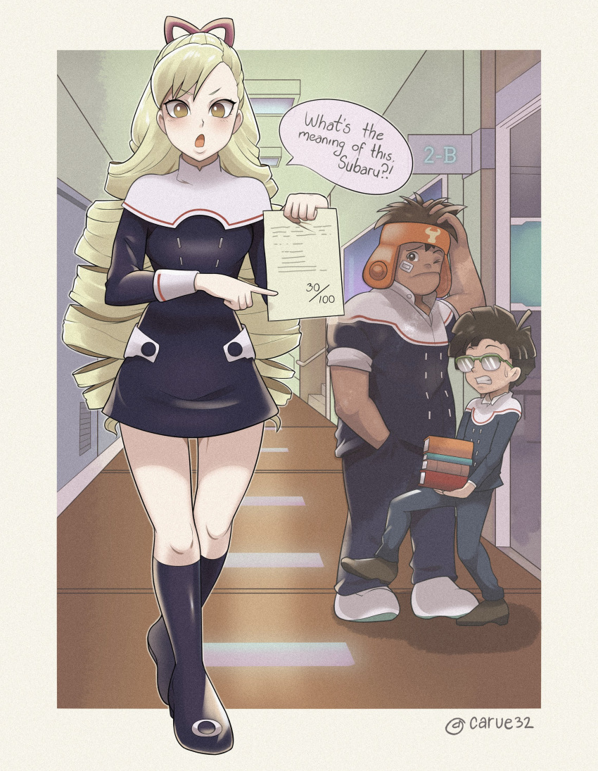 1girl, 2boys, absurdres, artist_name, blonde_hair, book, bow, brown_hair