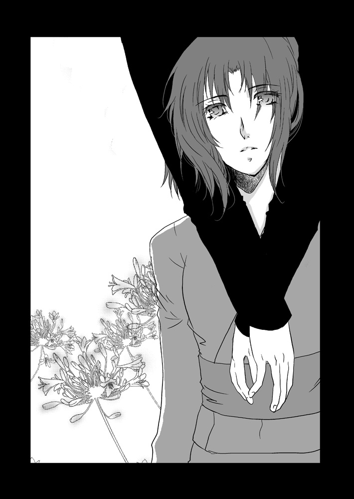 flower, frame, japanese_clothes, kara_no_kyoukai, kimono, kokutou_mikiya, monochrome, obi