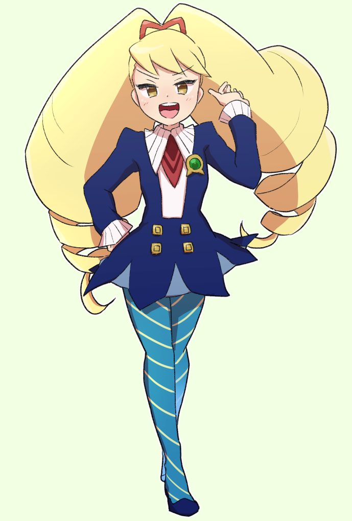1girl, blonde_hair, blue_dress, blue_pantyhose, bow, dress, drill_hair, green_eyes, hair_bow, kika_tohoku, long_hair, looking_at_viewer, luna_platz_(mega_man), mega_man_(series), mega_man_star_force_(series), open_mouth, pantyhose, simple_background, smile, striped_clothes, striped_pantyhose, twin_drills, twintails, very_long_hair