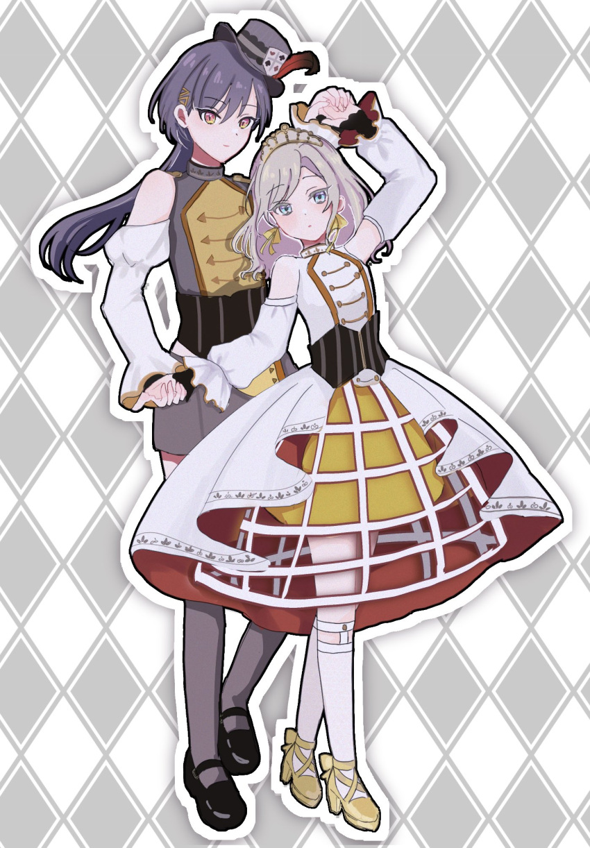 2girls, argyle_background, arm_up, bare_shoulders, black_corset, black_shoes, black_thighhighs, blue_eyes