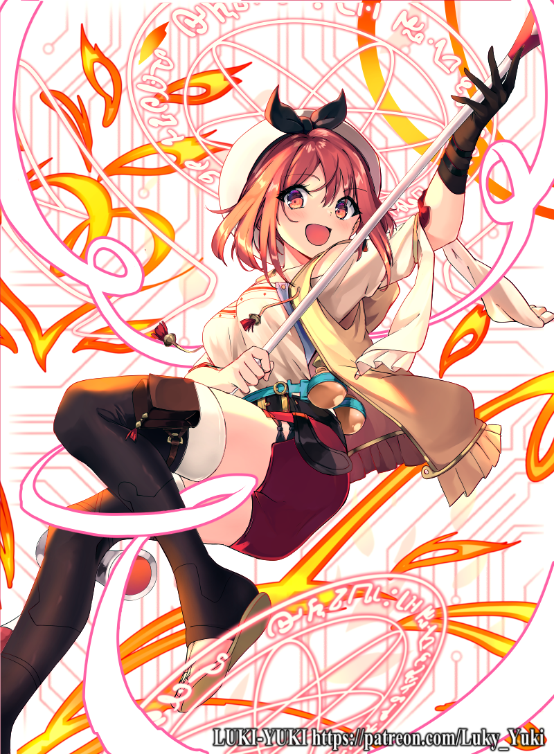1girl, asu_hirana, belt, beret, black_belt, black_gloves, black_thighhighs, blush