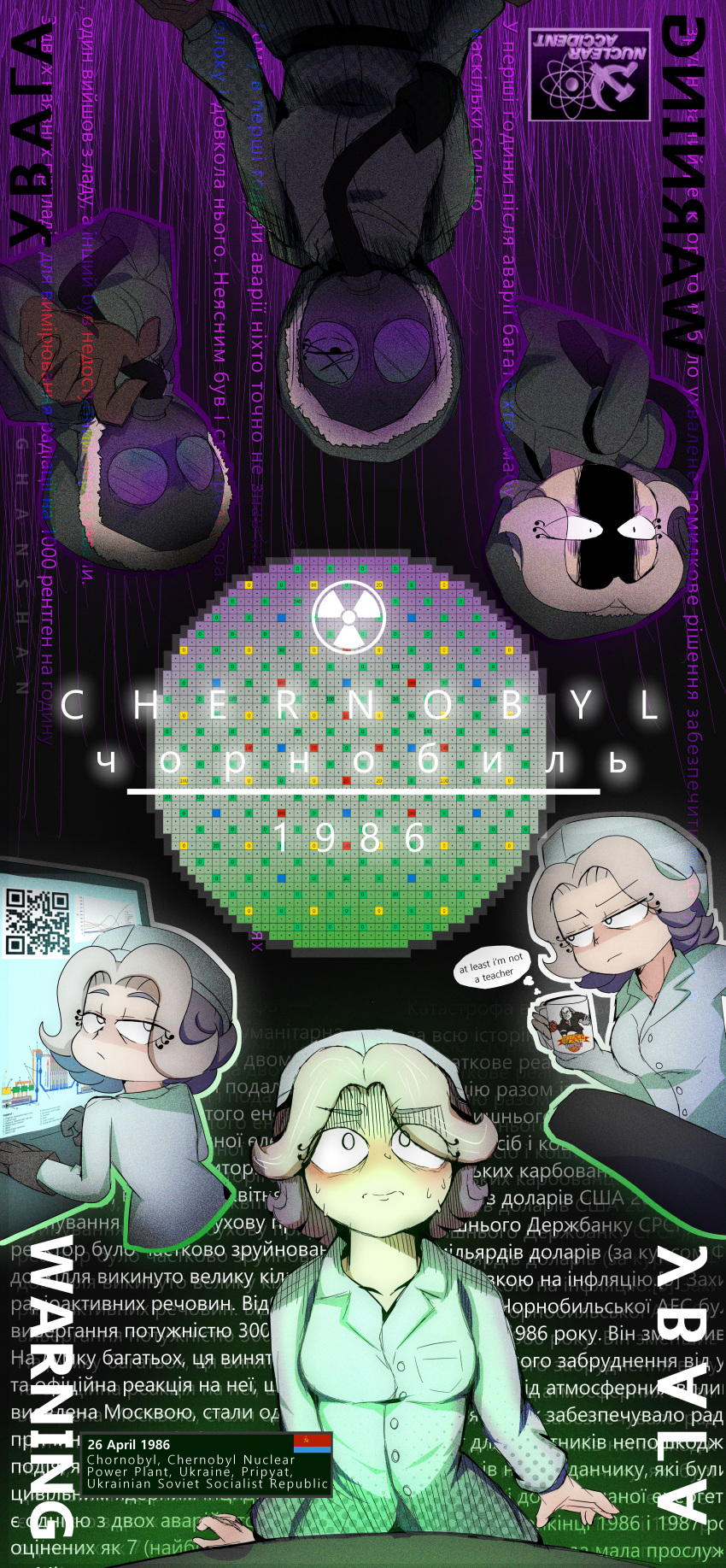 1girl, absurdres, alternate_hair_color, blue_shirt, breast_pocket, breasts, buttons, chernobyl, cup, english_text, gas_mask, ghanshan, graph, grey_eyes, grey_hair, hammer_and_sickle, hat, hazmat_suit, highres, holding, holding_cup, mask, mature_female, medium_breasts, mikhail_gorbachev, mug, multiple_views, ongezellig, pocket, qr_code, radiation_symbol, russian_text, shirt, short_hair, speech_bubble, thought_bubble, timestamp, vera_(ongezellig)
