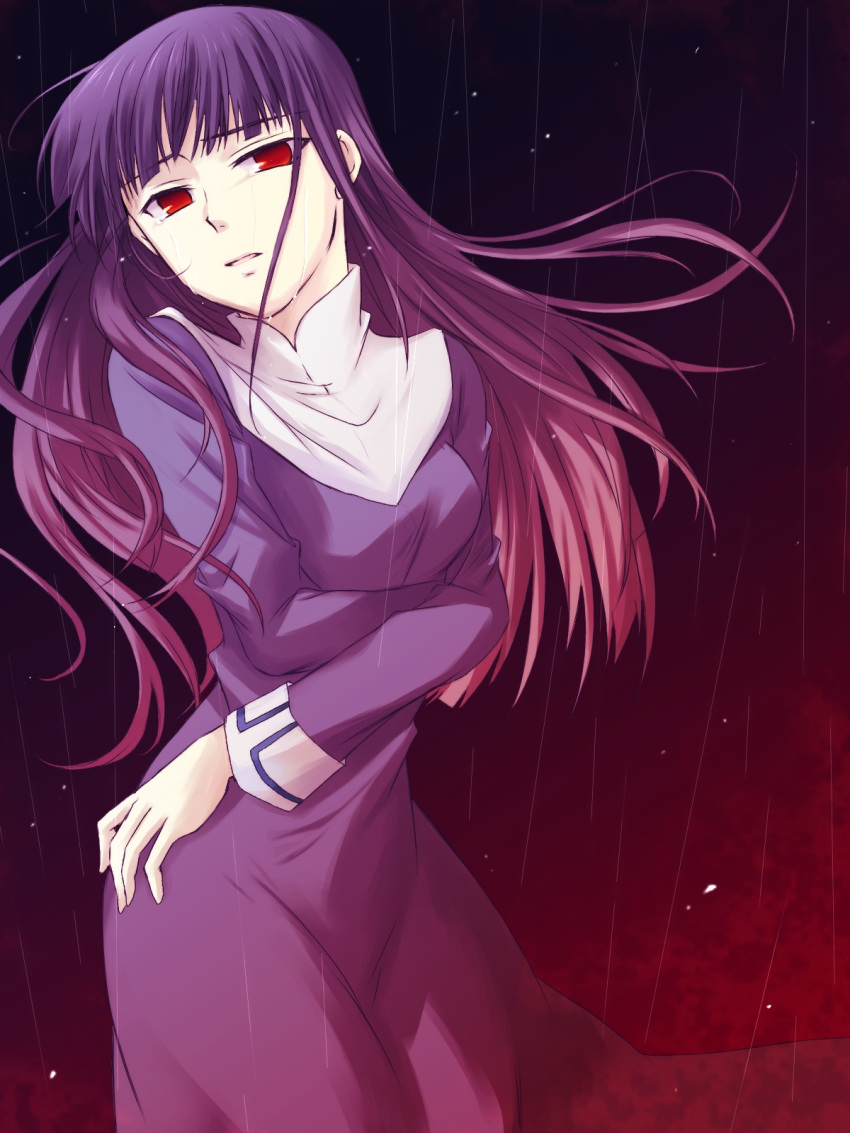 akiha, asagami_fujino, bad_id, bangs, blunt_bangs, gradient_hair, highres, kara_no_kyoukai, long_hair, multicolored_hair, purple, purple_hair, red, red_eyes, red_hair, redhead, school_uniform, solo, tears