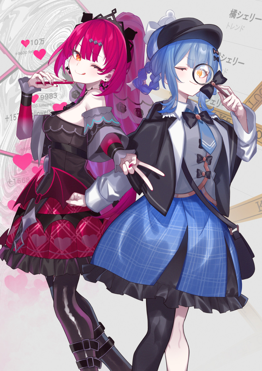 2girls, absurdres, black_bow, black_bowtie, blue_eyes, bow, bowtie, braid, crossover, detective, haishin_shoujo_no_uraaka_meikyuu, hat, highres, itame_moyashi, long_hair, magical_girl, magnifying_glass, mahou_shoujo_no_majo_saiban, minazuki_meika, multiple_girls, one_eye_closed, pink_hair, short_hair, smile, tachibana_sherry, thigh-highs, yellow_eyes