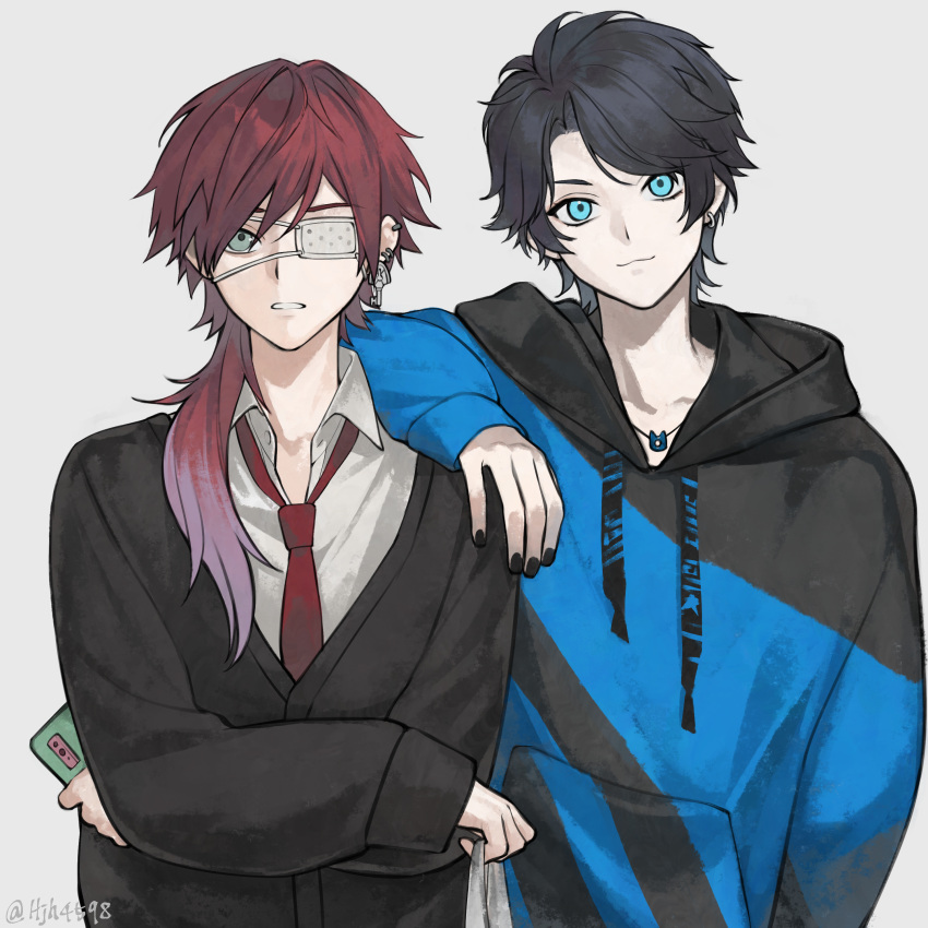2boys, absurdres, arm_on_another's_shoulder, axia_krone, axia_krone_(2nd_costume), bag, black_cardigan, black_hoodie