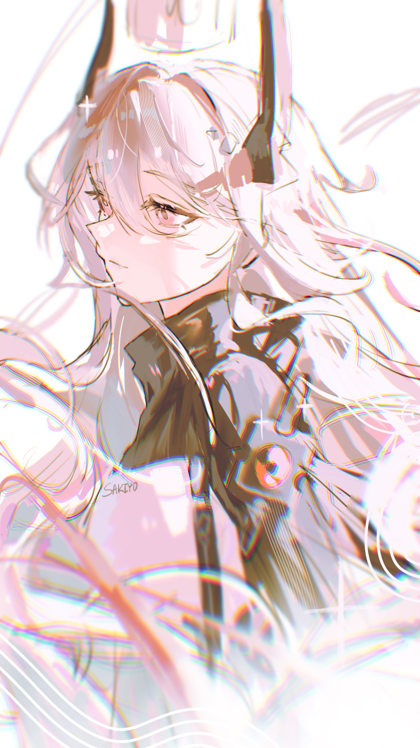 1girl, absurdres, arknights, artist_name, black_dress, black_horns, blurry, blurry_foreground
