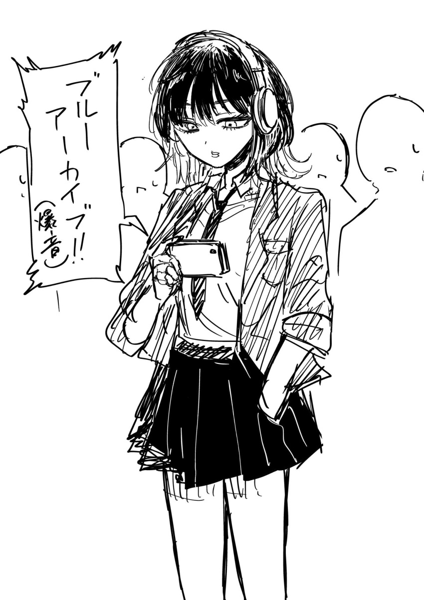 1girl, bag, blazer, blue_archive, greyscale, headphones, highres, holding, holding_phone, jacket, maki_(mahounoki18), monochrome, necktie, original, phone, school_uniform, shirt, skirt, translated, white_shirt