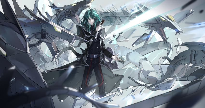 1boy, belt, black_coat, black_pants, black_shirt, closed_mouth, coat, cyber_dragon, cyber_end_dragon, cyber_twin_dragon, dragon, dragon_horns, duel_disk, duel_monster, fangs, glowing, glowing_eyes, green_eyes, green_hair, highres, horns, long_hair, marufuji_ryo, non-humanoid_robot, open_mouth, pants, robot, robot_dragon, shirt, shitakawa, yu-gi-oh!, yu-gi-oh!_gx