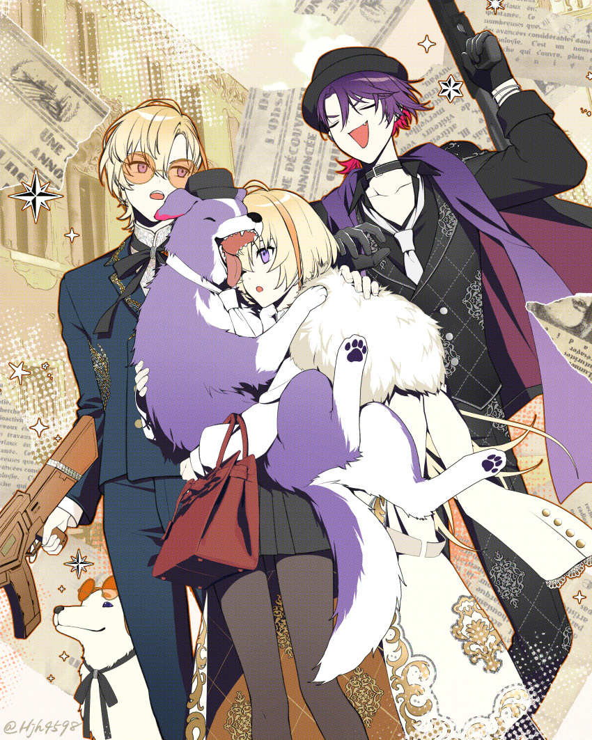 1girl, 2boys, :d, absurdres, animal, animal_hug, animalization, black_collar