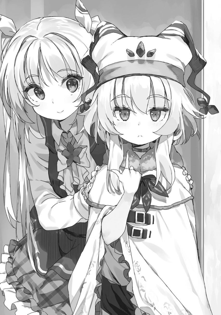 2girls, :<, belt, bow, bowtie, breasts, buta_koushaku, charlotte_lily_hughjack, choker, cloak, closed_mouth, collared_shirt, elbow_gloves, fingerless_gloves, gloves, greyscale, hair_between_eyes, hair_ribbon, hand_up, hands_on_another's_shoulders, hat, highres, index_finger_raised, indoors, jitome, long_hair, long_sidelocks, long_sleeves, looking_at_viewer, looking_to_the_side, medium_breasts, miniskirt, monochrome, multiple_girls, nauribon, non-web_source, novel_illustration, official_art, plaid_clothes, plaid_skirt, pointing, pointing_at_self, ribbon, school_uniform, shirt, short_hair, short_shorts, shorts, sidelocks, skirt, smile, standing, suzu_(buta_koushaku), two_side_up, underbust, very_long_hair