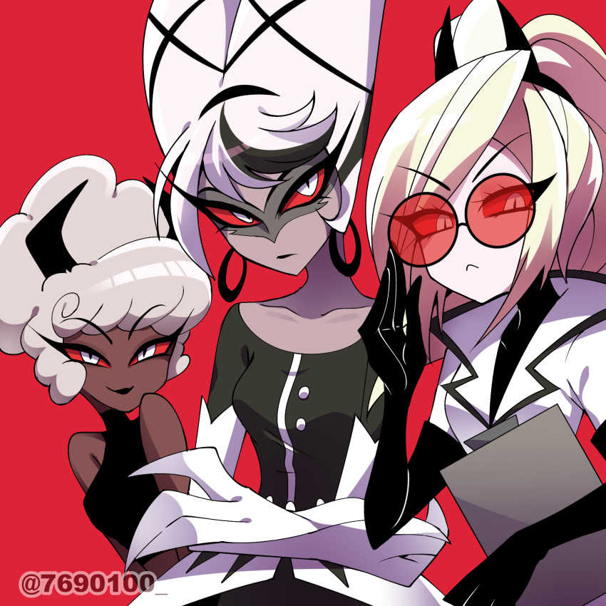 3girls, :<, adjusting_eyewear, anime_coloring, bare_shoulders, black-framed_eyewear, black_dress, black_gloves