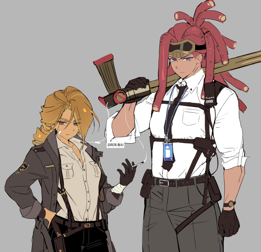 1boy, 1girl, arm_at_side, bandaged_arm, bandages, belt, between_fingers, black_belt