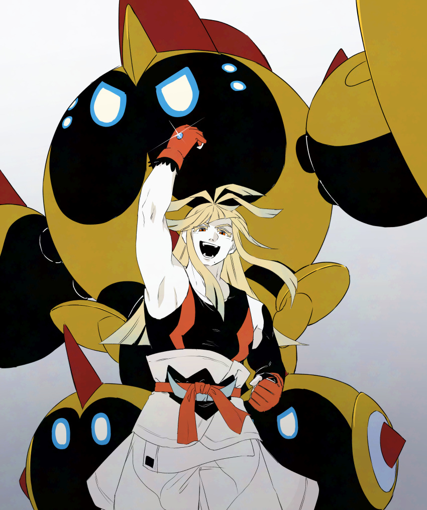 1boy, absurdres, arm_up, belt, black_tank_top, blonde_hair, commentary_request, dean_(satori-fujioka), falinks, fingerless_gloves, gloves, highres, ivor_(pokemon), long_hair, male_focus, mega_falinks, mega_pokemon, mega_stone, open_mouth, pants, pokemon, pokemon_(creature), pokemon_legends:_z-a, red_belt, red_eyes, red_gloves, simple_background, solo, standing, tank_top, teeth, white_background, white_pants