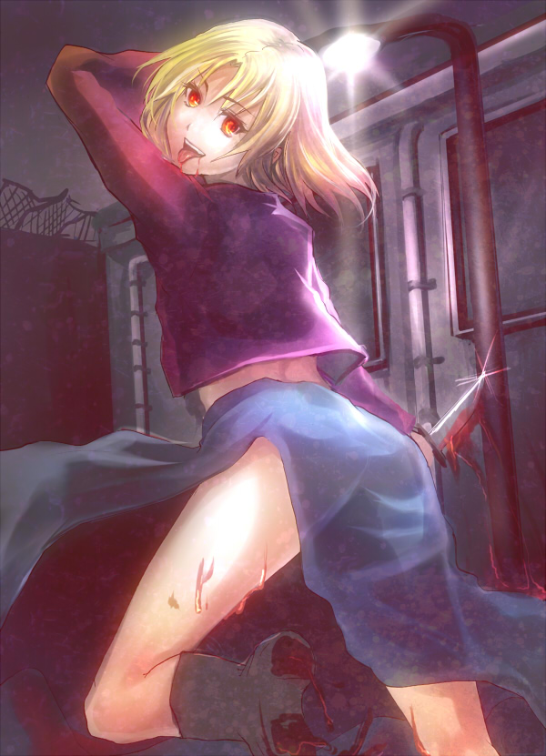 blonde_hair, blood, boots, crossdressing, crossdressinging, from_behind, jacket, kara_no_kyoukai