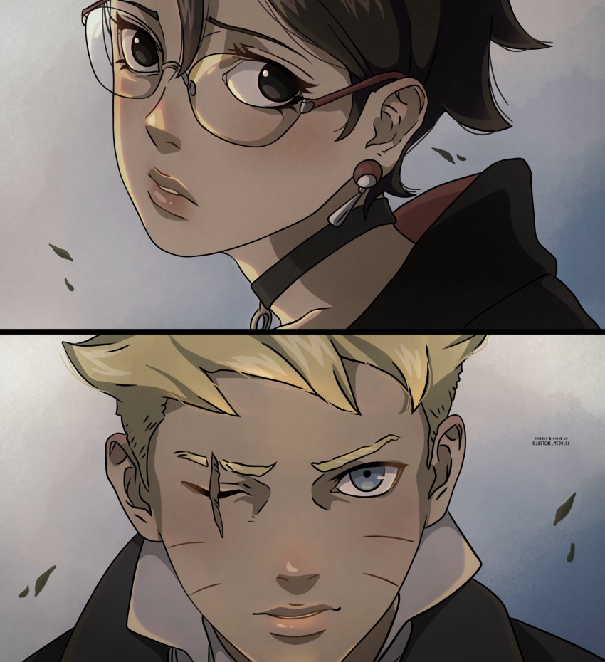 1boy, 1girl, black_choker, black_eyes, black_hair, blonde_hair, blue_eyes, boruto:_two_blue_vortex, choker, comic_panel_redraw, commentary, derivative_work, earrings, english_commentary, facial_mark, highres, jewelry, justcallmedolce, leaf, naruto_(series), one_eye_closed, parted_lips, rimless_eyewear, scar, scar_across_eye, scar_on_face, short_hair, uchiha_sarada, uchiha_symbol, uzumaki_boruto, whisker_markings