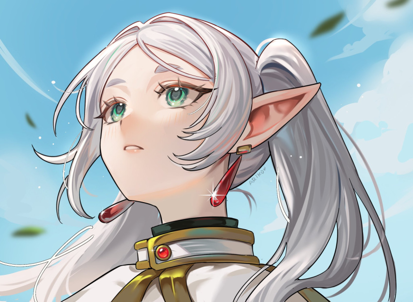 1girl, ariko_(aaaaarik), blue_sky, blush, clouds, commentary, day, earrings