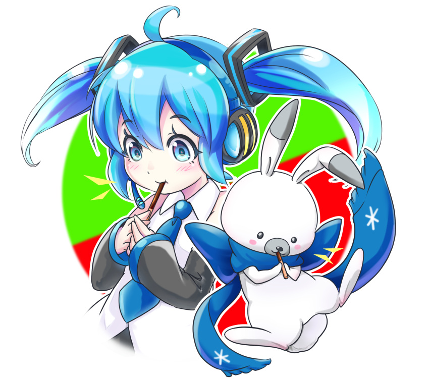 1girl, ahoge, animal, blue_eyes, blue_hair, bow, collared_shirt, commentary_request