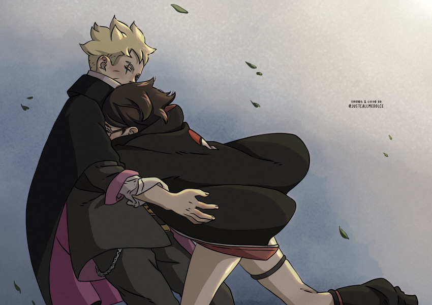 1boy, 1girl, black_cape, black_hair, black_jacket, black_pants, black_socks, blonde_hair