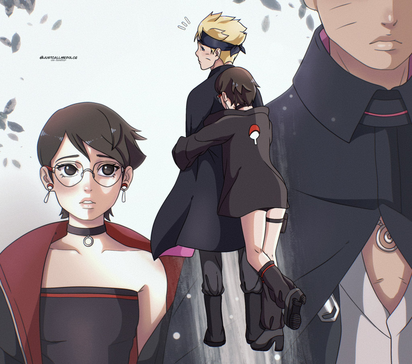 1boy, 1girl, black_cape, black_choker, black_eyes, black_hair, black_headband, black_socks