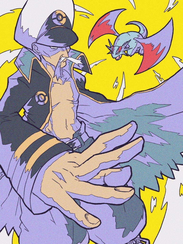 1boy, belt, closed_mouth, coat, collared_coat, drake_(pokemon), facial_hair, grey_hair