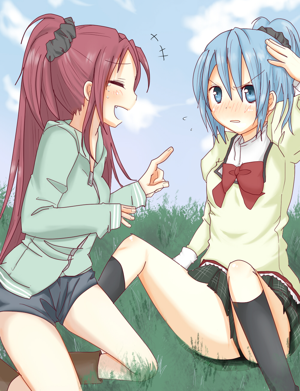 alternate_hairstyle, black_legwear, blue_eyes, blue_hair, casual, fang, highres, kneehighs, long_hair, mahou_shoujo_madoka_magica, miki_sayaka, multiple_girls, ponytail, red_hair, redhead, sakura_kyouko, school_uniform, short_hair, zeppeki_airin